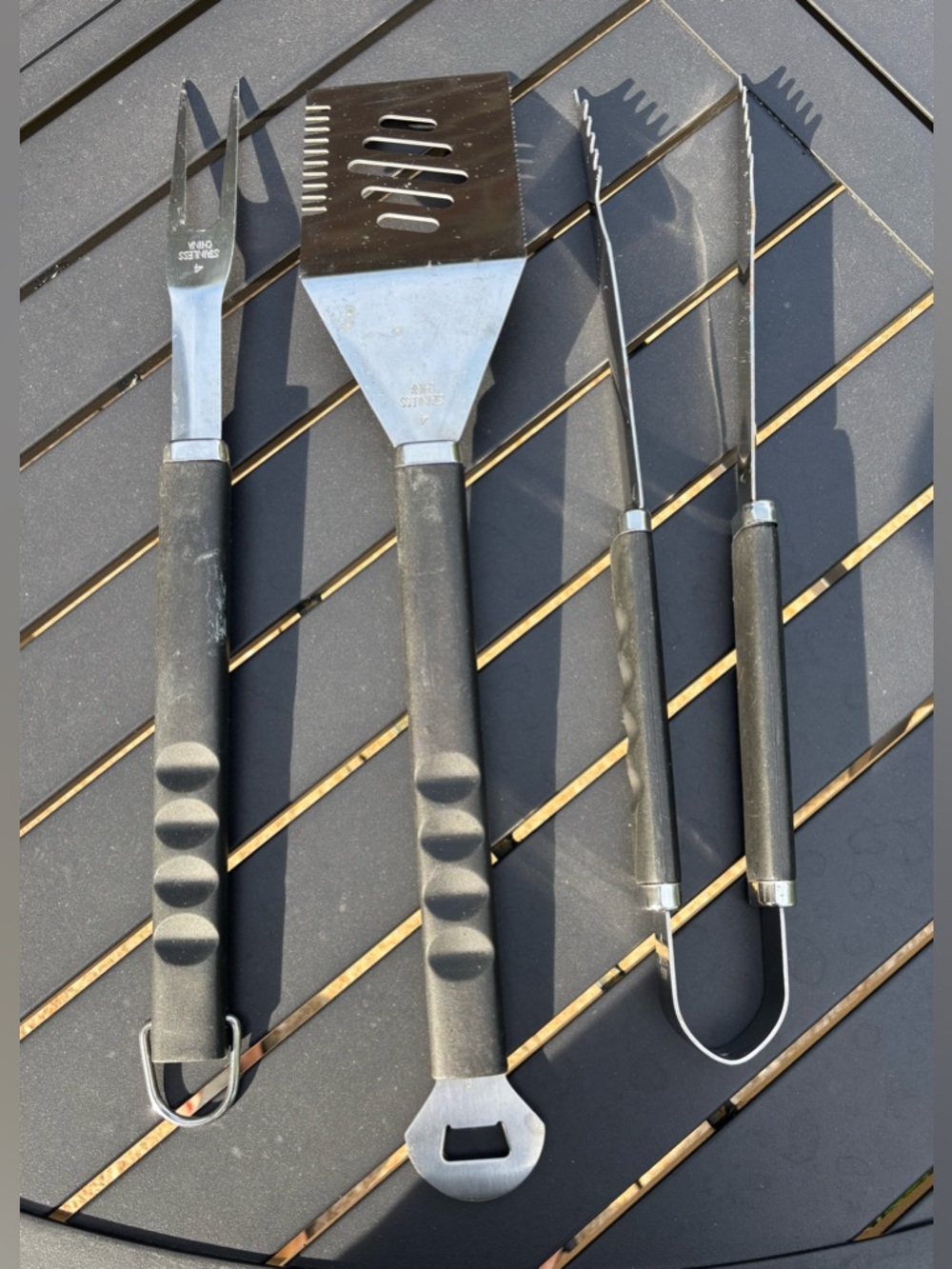 3-Piece Black Stainless Steel BBQ Tool Set - Fork, Tongs and 4-in1 Spatula - Picture 3 of 3